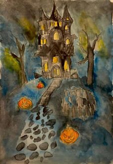 A Halloween-themed haunted mansion, drawn completely from the start with my own vision.