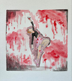 A ballerina dancing amongst a bloody scene